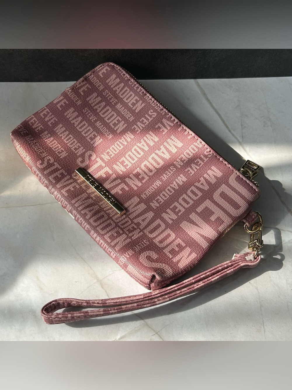 Steve Madden Blush Pink Logo Wristlet with Gold Accents